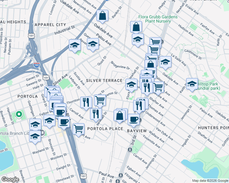 map of restaurants, bars, coffee shops, grocery stores, and more near 9a Apollo Street in San Francisco