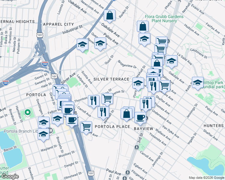 map of restaurants, bars, coffee shops, grocery stores, and more near 9a Apollo Street in San Francisco