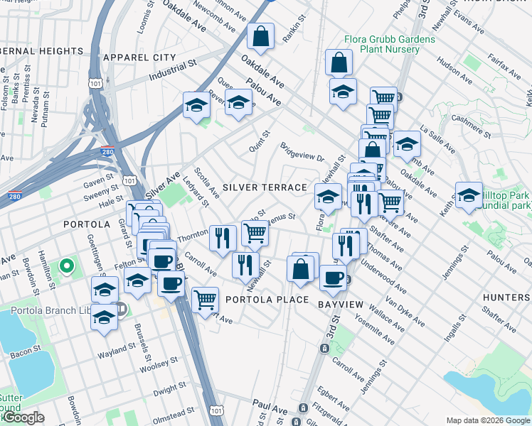 map of restaurants, bars, coffee shops, grocery stores, and more near 9a Apollo Street in San Francisco