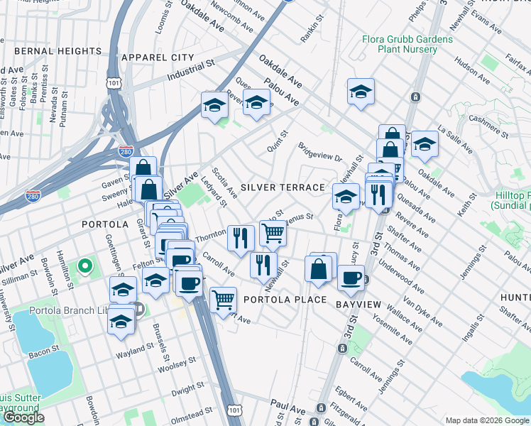 map of restaurants, bars, coffee shops, grocery stores, and more near 347 Bridgeview Drive in San Francisco