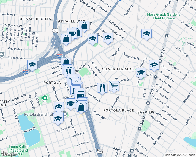 map of restaurants, bars, coffee shops, grocery stores, and more near 96 Ledyard Street in San Francisco
