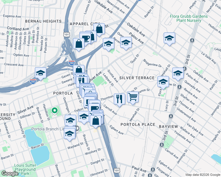 map of restaurants, bars, coffee shops, grocery stores, and more near 96 Ledyard Street in San Francisco