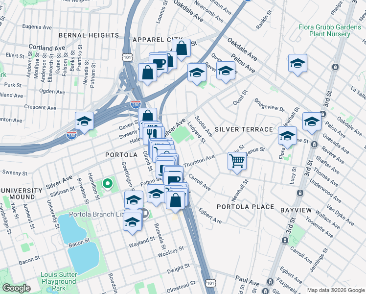 map of restaurants, bars, coffee shops, grocery stores, and more near 200 Waterville Street in San Francisco