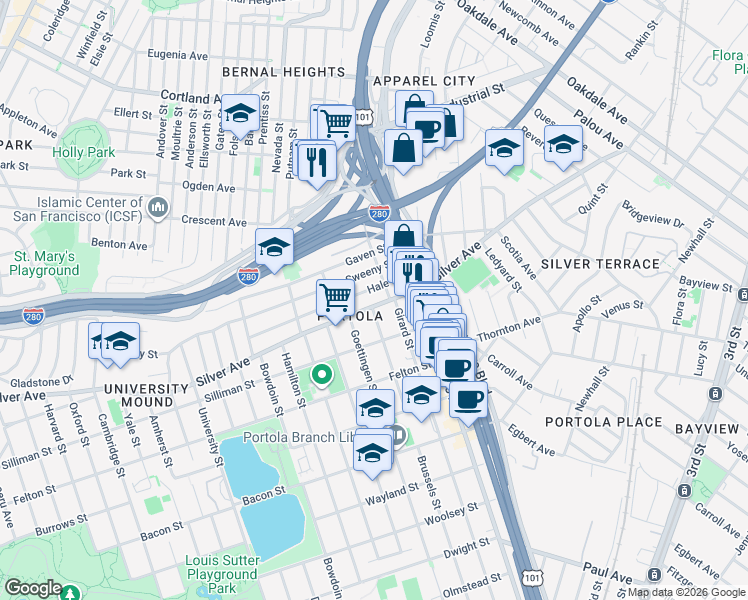 map of restaurants, bars, coffee shops, grocery stores, and more near 116 Hale Street in San Francisco