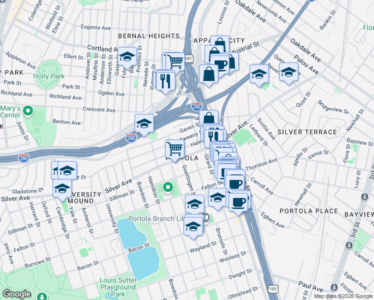 map of restaurants, bars, coffee shops, grocery stores, and more near 116 Hale Street in San Francisco