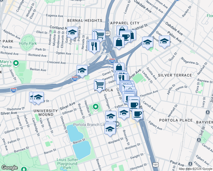 map of restaurants, bars, coffee shops, grocery stores, and more near 116 Hale Street in San Francisco