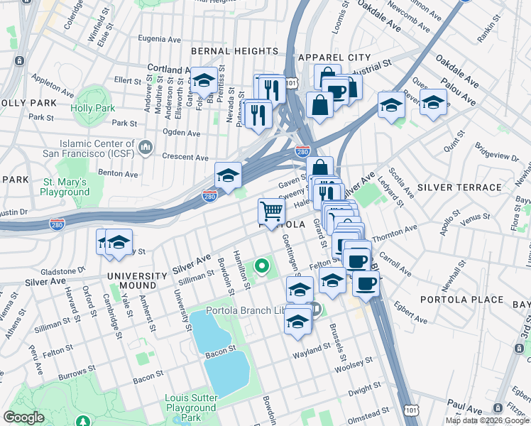 map of restaurants, bars, coffee shops, grocery stores, and more near 183 Sweeny Street in San Francisco