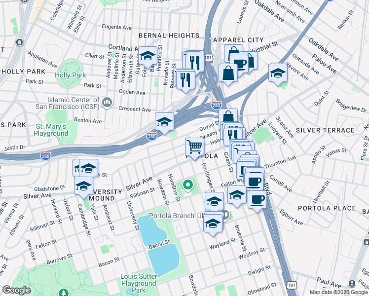 map of restaurants, bars, coffee shops, grocery stores, and more near 270 Sweeny Street in San Francisco