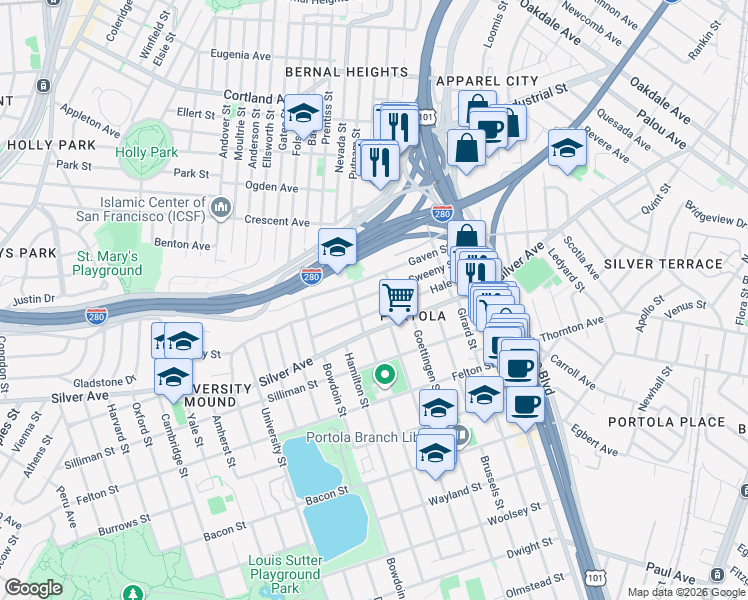 map of restaurants, bars, coffee shops, grocery stores, and more near 270 Sweeny Street in San Francisco
