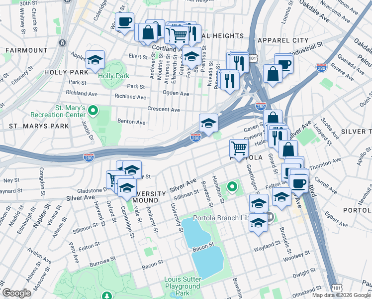 map of restaurants, bars, coffee shops, grocery stores, and more near 400 Gaven Street in San Francisco