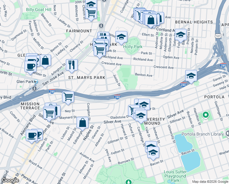 map of restaurants, bars, coffee shops, grocery stores, and more near in San Francisco