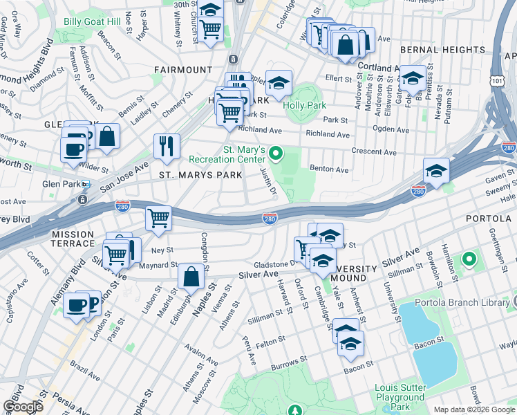 map of restaurants, bars, coffee shops, grocery stores, and more near in San Francisco