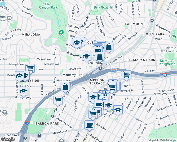 map of restaurants, bars, coffee shops, grocery stores, and more near 40 Joost Avenue in San Francisco
