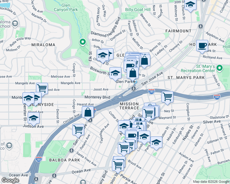 map of restaurants, bars, coffee shops, grocery stores, and more near 40 Joost Avenue in San Francisco
