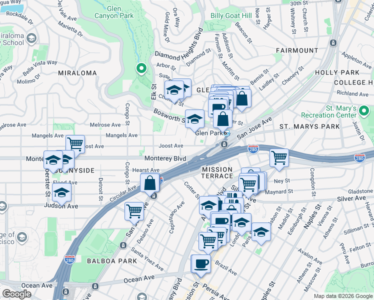 map of restaurants, bars, coffee shops, grocery stores, and more near 103 Acadia Street in San Francisco