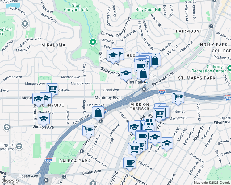 map of restaurants, bars, coffee shops, grocery stores, and more near 103 Acadia Street in San Francisco