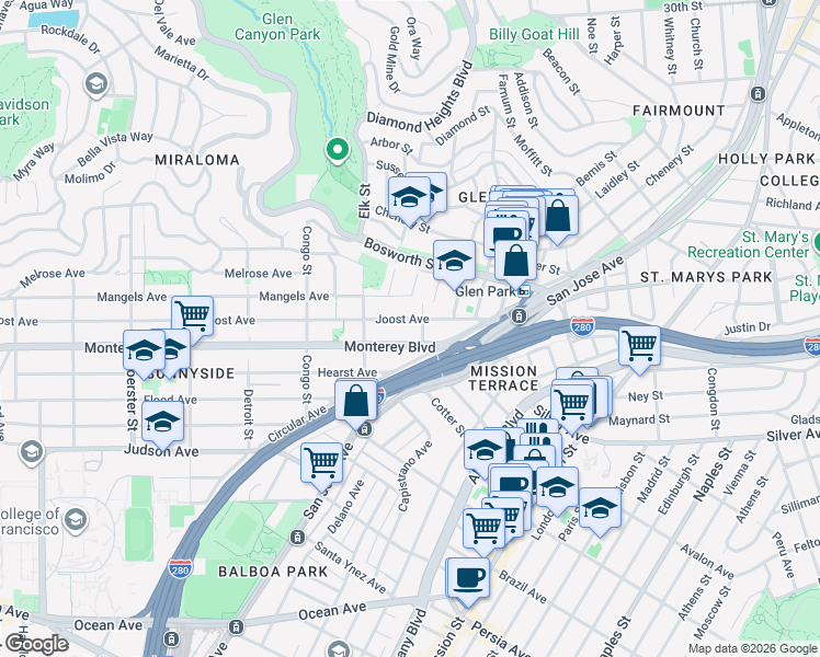 map of restaurants, bars, coffee shops, grocery stores, and more near 103 Acadia Street in San Francisco