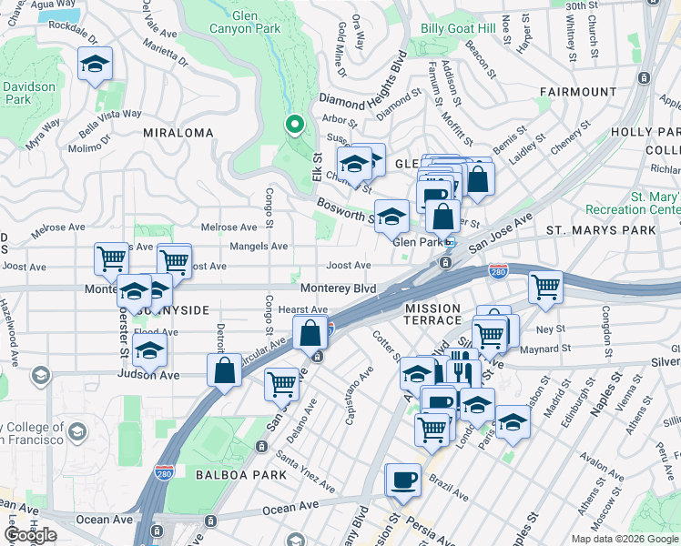 map of restaurants, bars, coffee shops, grocery stores, and more near 166 Joost Avenue in San Francisco