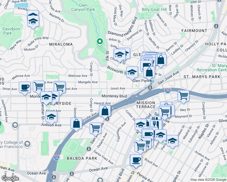 map of restaurants, bars, coffee shops, grocery stores, and more near 166 Joost Avenue in San Francisco
