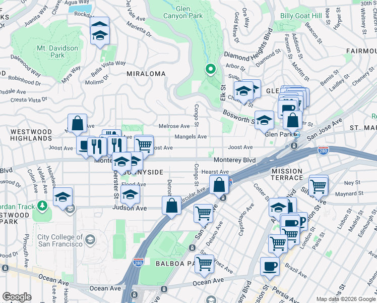 map of restaurants, bars, coffee shops, grocery stores, and more near 400 Congo Street in San Francisco