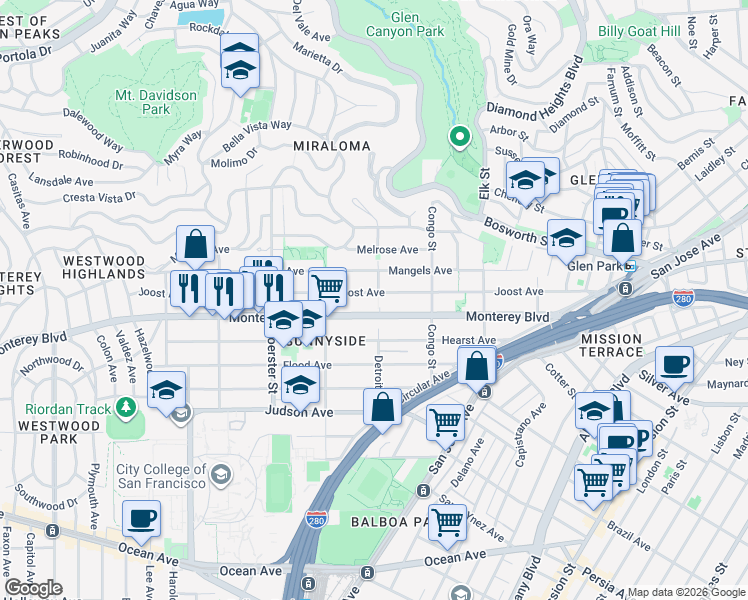 map of restaurants, bars, coffee shops, grocery stores, and more near 426 Joost Avenue in San Francisco