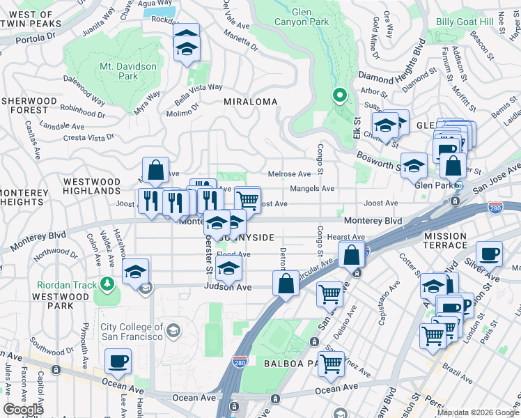 map of restaurants, bars, coffee shops, grocery stores, and more near 426 Joost Avenue in San Francisco