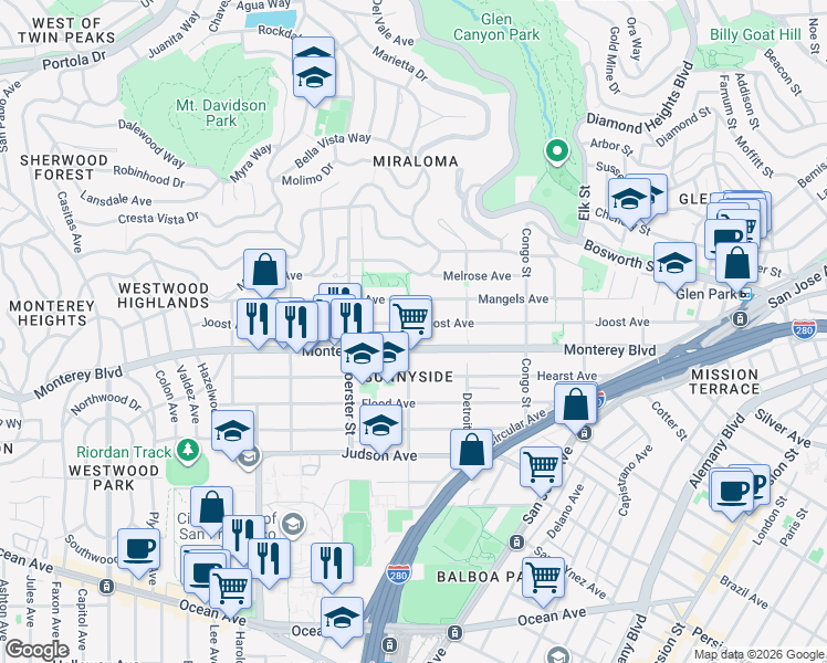 map of restaurants, bars, coffee shops, grocery stores, and more near 490 Joost Avenue in San Francisco