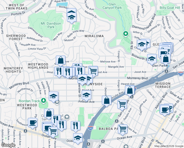map of restaurants, bars, coffee shops, grocery stores, and more near 490 Joost Avenue in San Francisco