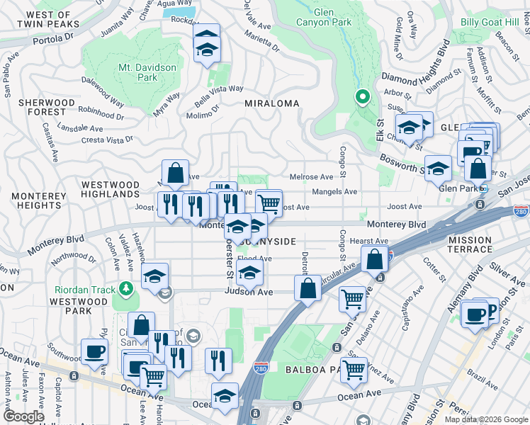 map of restaurants, bars, coffee shops, grocery stores, and more near 490 Joost Avenue in San Francisco