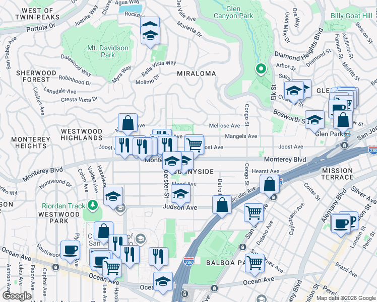 map of restaurants, bars, coffee shops, grocery stores, and more near 490 Joost Avenue in San Francisco