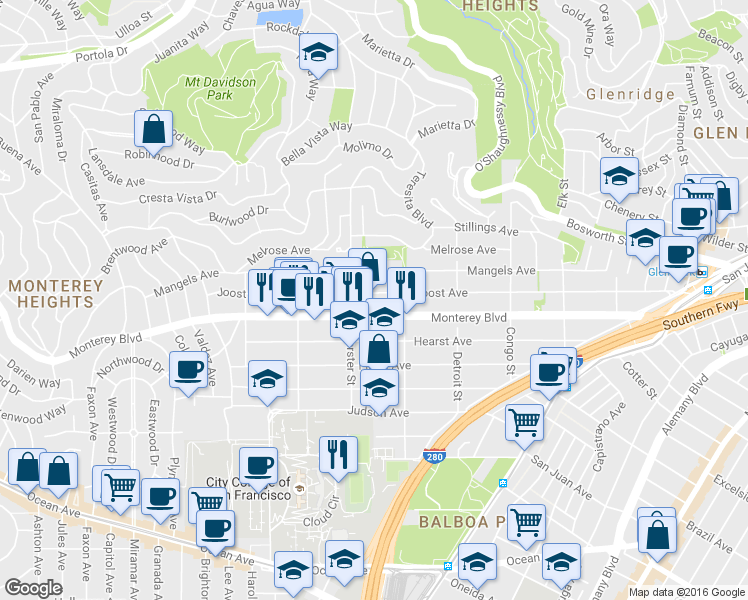 map of restaurants, bars, coffee shops, grocery stores, and more near 558 Joost Avenue in San Francisco