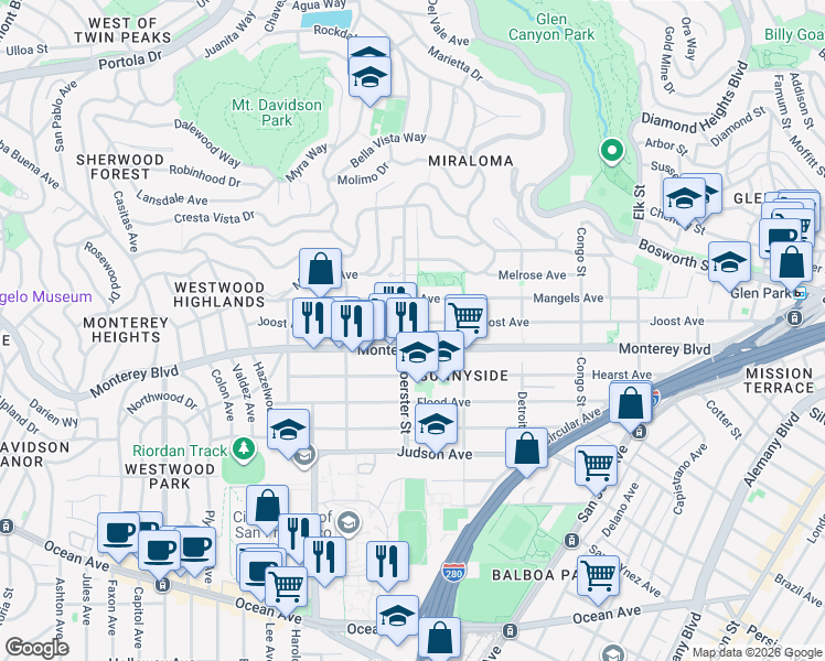 map of restaurants, bars, coffee shops, grocery stores, and more near 558 Joost Avenue in San Francisco