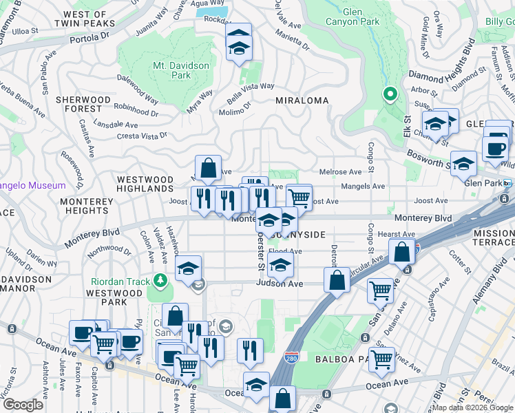 map of restaurants, bars, coffee shops, grocery stores, and more near 620 Joost Avenue in San Francisco