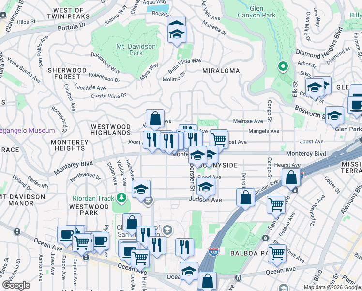 map of restaurants, bars, coffee shops, grocery stores, and more near 620 Joost Avenue in San Francisco