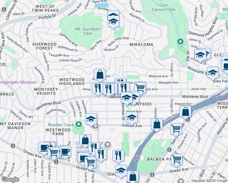map of restaurants, bars, coffee shops, grocery stores, and more near 620 Joost Avenue in San Francisco