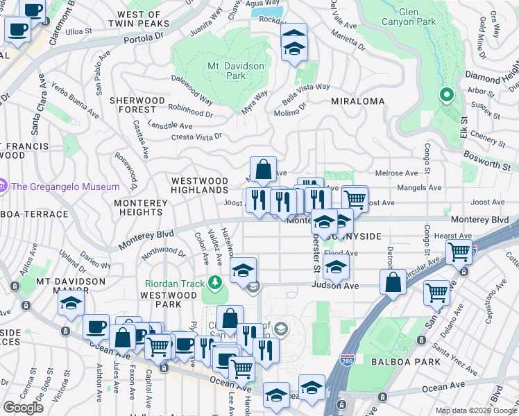 map of restaurants, bars, coffee shops, grocery stores, and more near 756 Joost Avenue in San Francisco