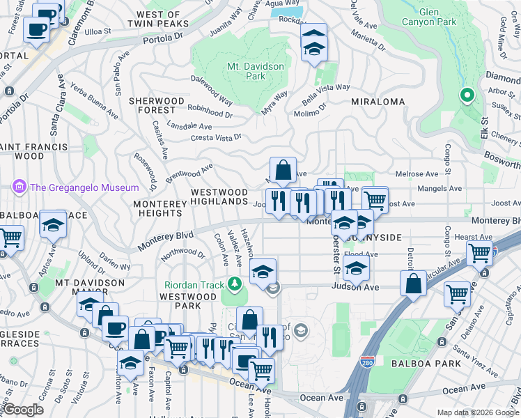 map of restaurants, bars, coffee shops, grocery stores, and more near 830 Joost Avenue in San Francisco