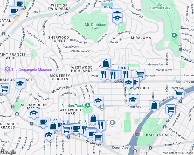 map of restaurants, bars, coffee shops, grocery stores, and more near 830 Joost Avenue in San Francisco