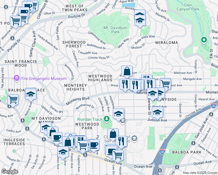 map of restaurants, bars, coffee shops, grocery stores, and more near 281 Hazelwood Avenue in San Francisco