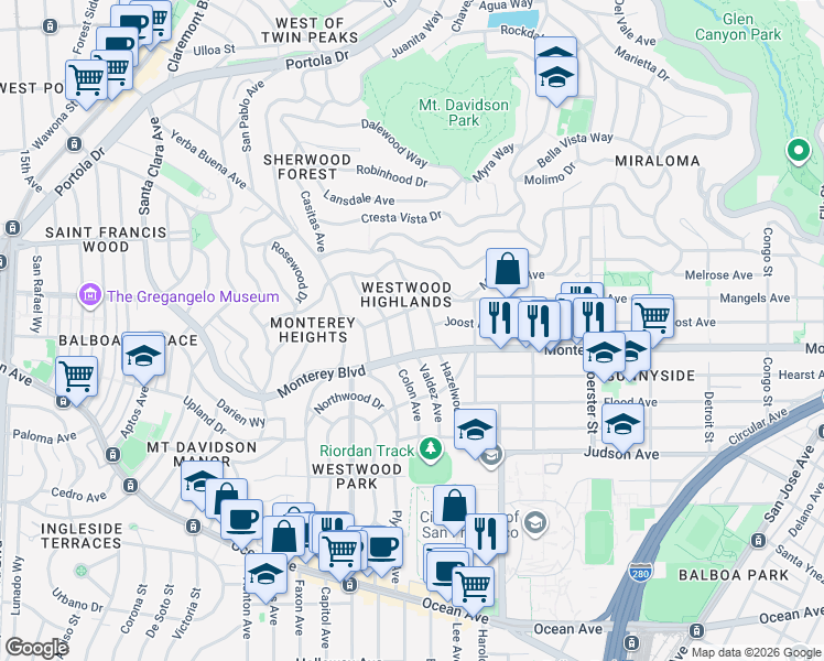 map of restaurants, bars, coffee shops, grocery stores, and more near 281 Hazelwood Avenue in San Francisco