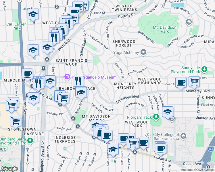 map of restaurants, bars, coffee shops, grocery stores, and more near 180 San Felipe Avenue in San Francisco