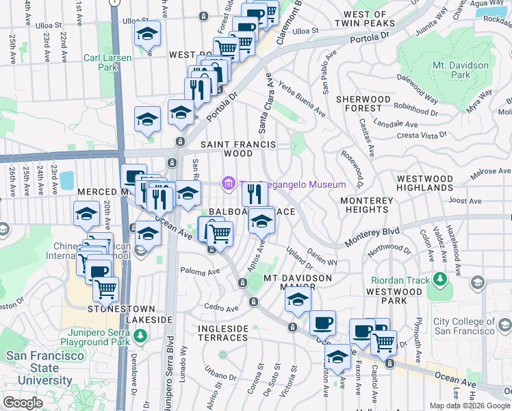 map of restaurants, bars, coffee shops, grocery stores, and more near 1601 Monterey Boulevard in San Francisco