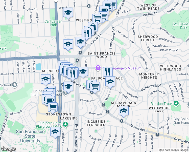 map of restaurants, bars, coffee shops, grocery stores, and more near 240 San Leandro Way in San Francisco