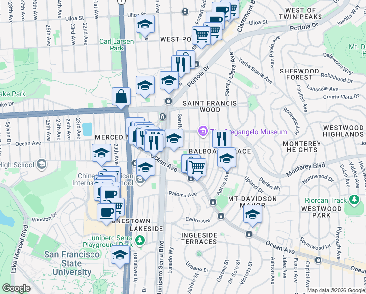 map of restaurants, bars, coffee shops, grocery stores, and more near 150 San Rafael Way in San Francisco