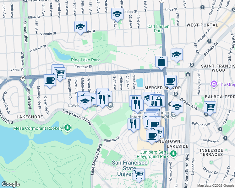 map of restaurants, bars, coffee shops, grocery stores, and more near 3306 Ocean Avenue in San Francisco
