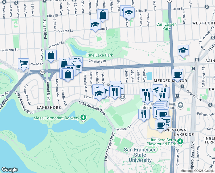 map of restaurants, bars, coffee shops, grocery stores, and more near 91 Sylvan Drive in San Francisco