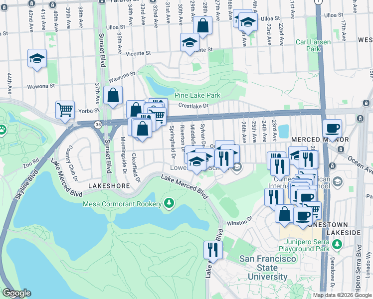 map of restaurants, bars, coffee shops, grocery stores, and more near 88 Riverton Drive in San Francisco
