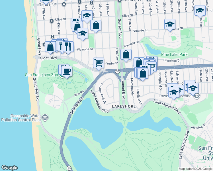 map of restaurants, bars, coffee shops, grocery stores, and more near 295 Country Club Drive in San Francisco
