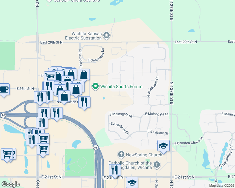 map of restaurants, bars, coffee shops, grocery stores, and more near 2651 North Woodridge Court in Wichita