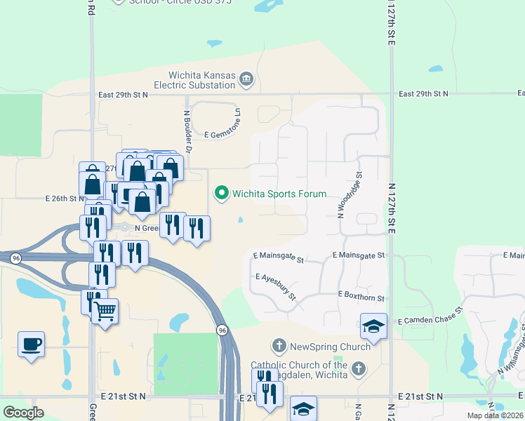 map of restaurants, bars, coffee shops, grocery stores, and more near 2651 North Woodridge Court in Wichita